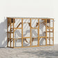 Outdoor cat enclosure with wooden frame, mesh panels, and multiple platforms; size diagram.