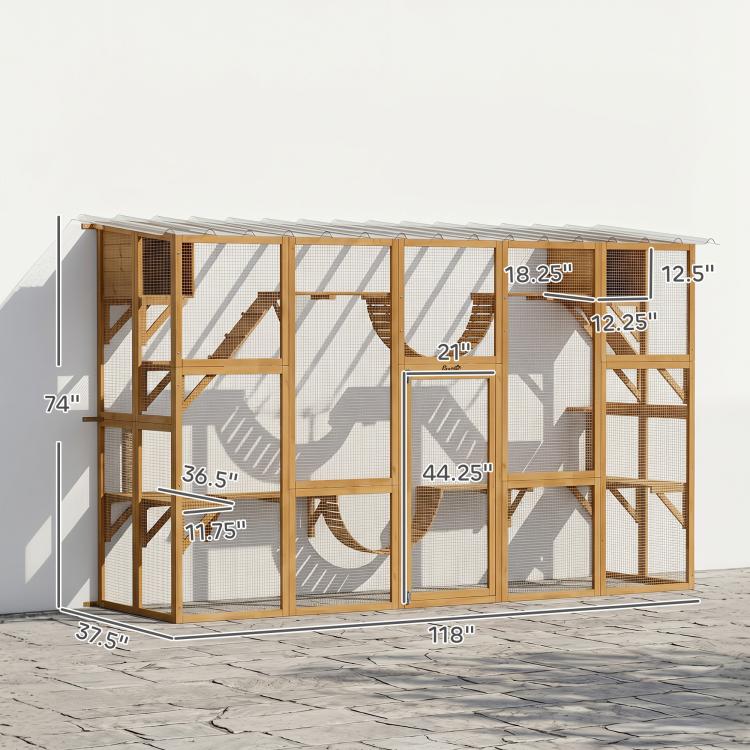 Outdoor cat enclosure with wooden frame, mesh panels, and multiple platforms; size diagram.