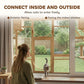 Outdoor cat enclosure connect design with mesh windows and doorway access; cats indoors and out.