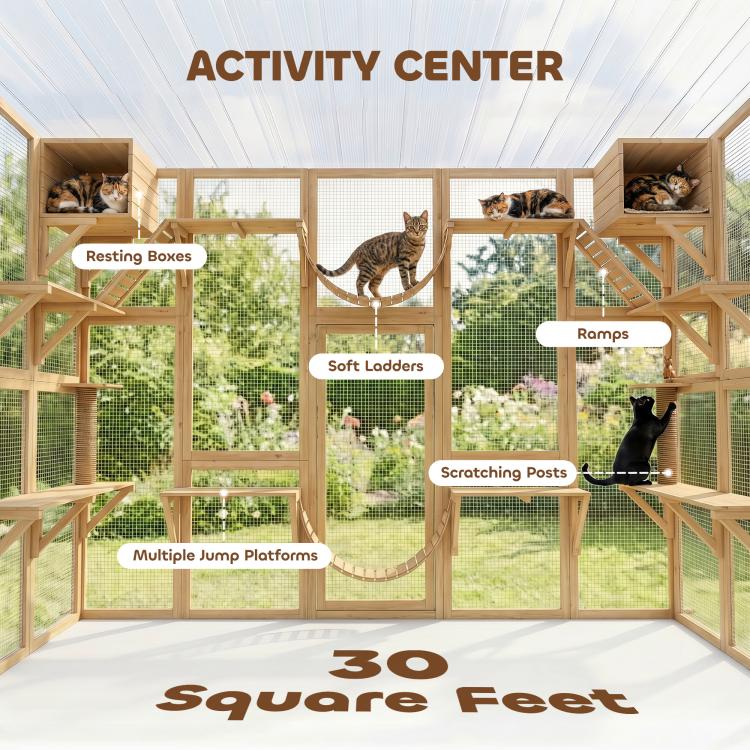 Cat activity playhouse with rope hammock, ladders, ramps, scratching posts, and platforms.