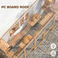 Outdoor cat enclosure with PC board roof panels; cats lounging on raised platforms.
