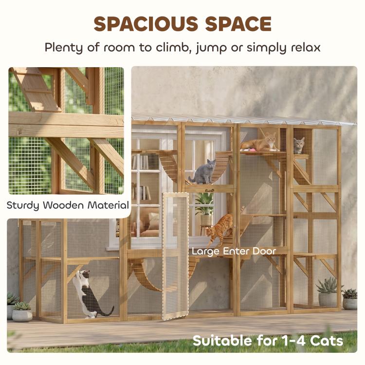 Spacious wooden outdoor cat enclosure with large entry door, resting areas, and mesh walls.