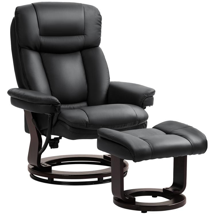 Black faux leather swivel recliner chair with matching ottoman and footrest