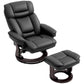Black faux leather swivel recliner with ottoman, side view showing reclining base