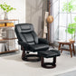 Black faux leather swivel recliner chair with ottoman footrest, living room view