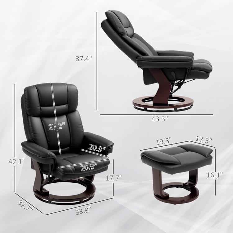 Black faux leather swivel recliner chair and ottoman, size diagram view