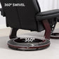 Black faux leather swivel recliner chair showing 360-degree rotating base ring