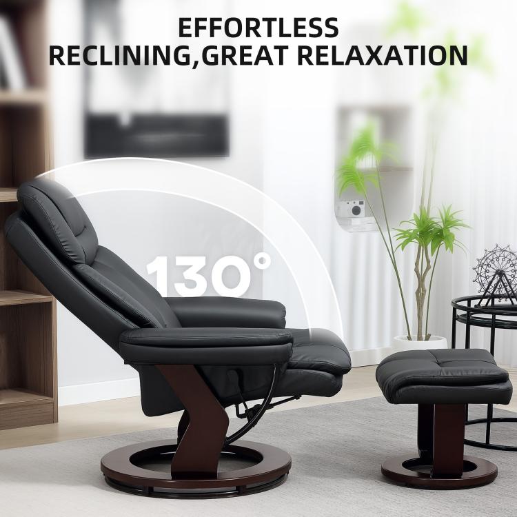 Black faux leather recliner chair with ottoman, partially reclined pose