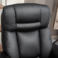 Black faux leather swivel recliner chair back and headrest, close-up view