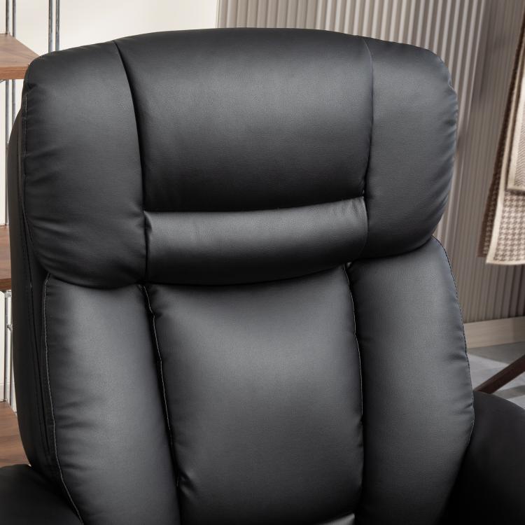 Black faux leather swivel recliner chair back and headrest, close-up view