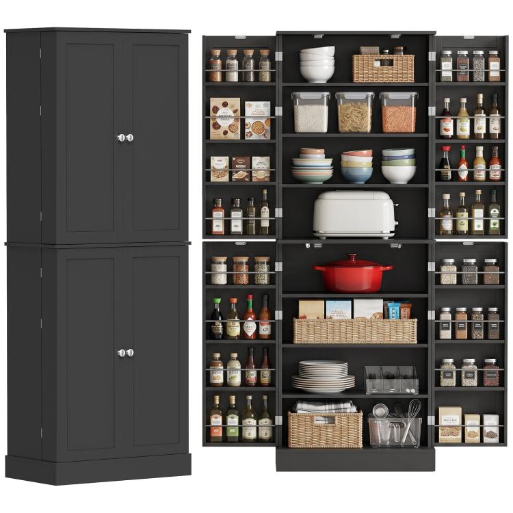 Black kitchen pantry cabinet with open shelves behind dual doors, stocked with kitchenware.