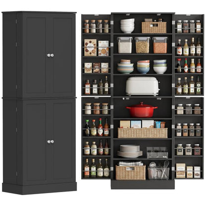 Black kitchen pantry cabinet with open shelves behind dual doors, stocked with kitchenware.