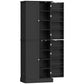 Black pantry cabinet with cabinet doors open, showing multiple interior shelving sections