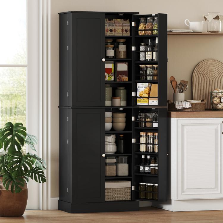 Black kitchen pantry cabinet with open door revealing tiered shelves and stored food items.