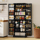 Black kitchen pantry cabinet fully open with multi-level shelves for jars, spices, and dishes.