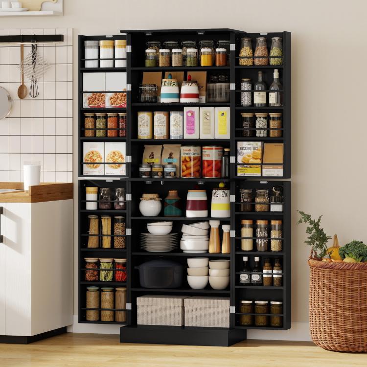 Black kitchen pantry cabinet fully open with multi-level shelves for jars, spices, and dishes.