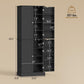 Black kitchen pantry cabinet with open interior shelves, shown with size measurements.