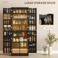 Black pantry cabinet open with side storage compartments and lower cabinet drawer space.