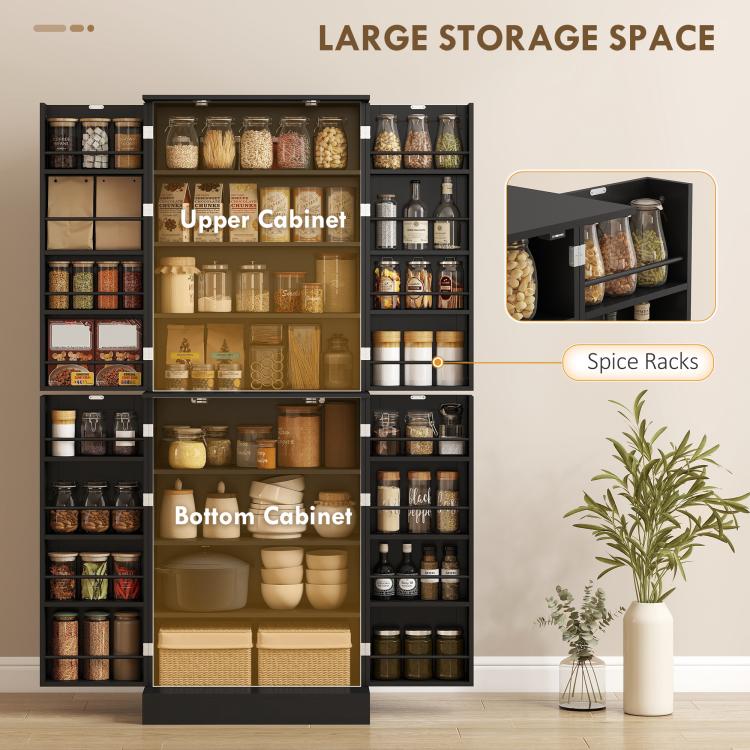 Black pantry cabinet open with side storage compartments and lower cabinet drawer space.