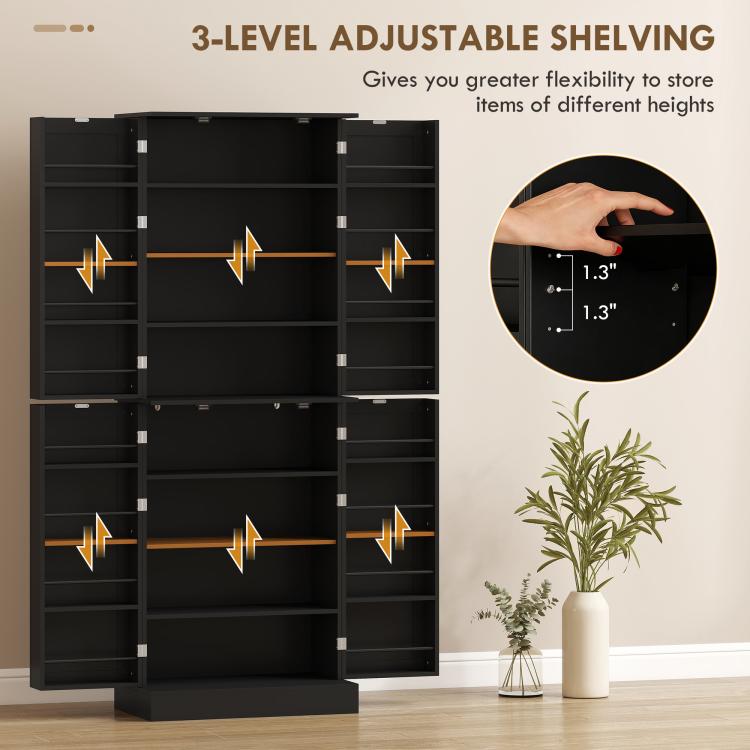 Black pantry cabinet interior showing adjustable shelf pin holes on side panels.