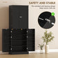 Black kitchen pantry cabinet with closed upper door and open lower shelving compartments.