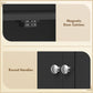 Black cabinet door close-up with round handles and magnetic door catches.