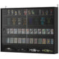 Jet black wall-mounted display cabinet with two glass doors showing five shelf levels