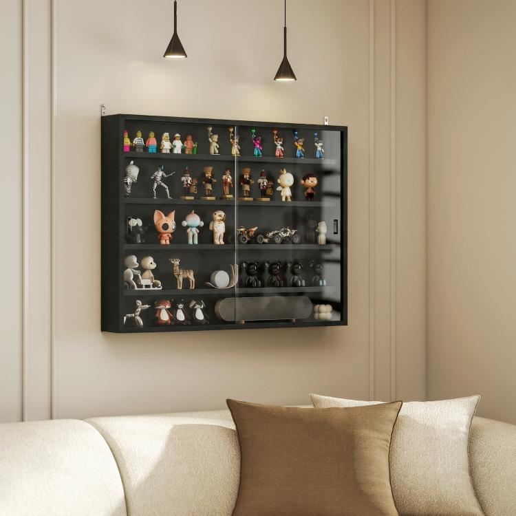 Jet black wall-mounted display cabinet with two glass doors and adjustable shelves
