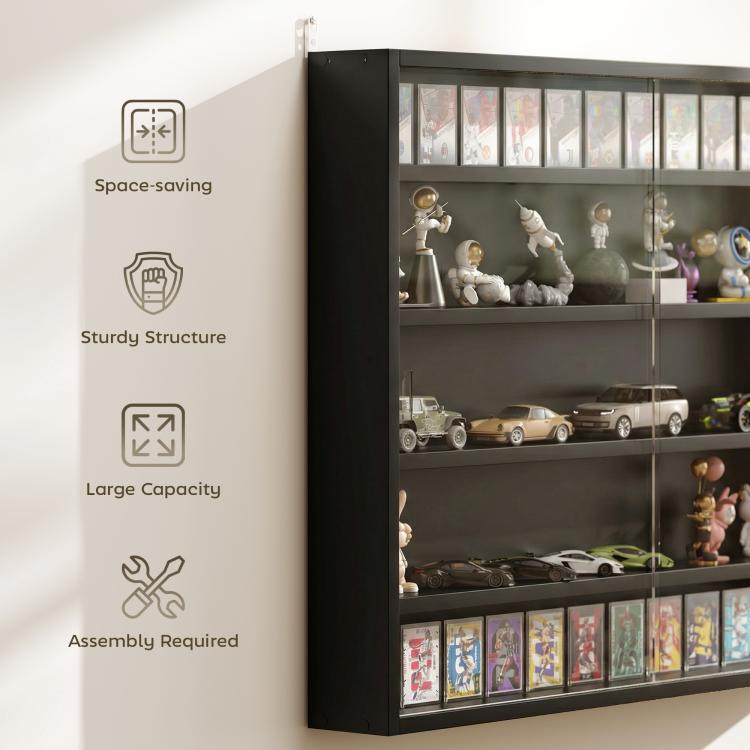 Jet black wall display cabinet with two glass doors, storage compartments, and shelves