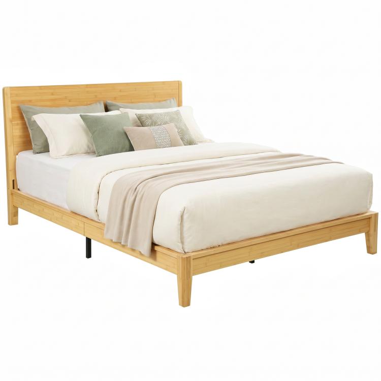 Natural wood queen platform bed with headboard, slat base, and corner posts