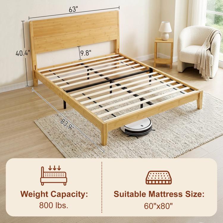 Queen bamboo platform bed frame showing dimensions, slat grid, and under-bed clearance