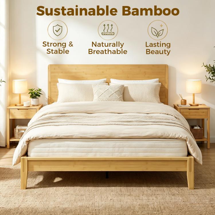 Queen bamboo bed frame with headboard and neatly arranged slats, natural light finish
