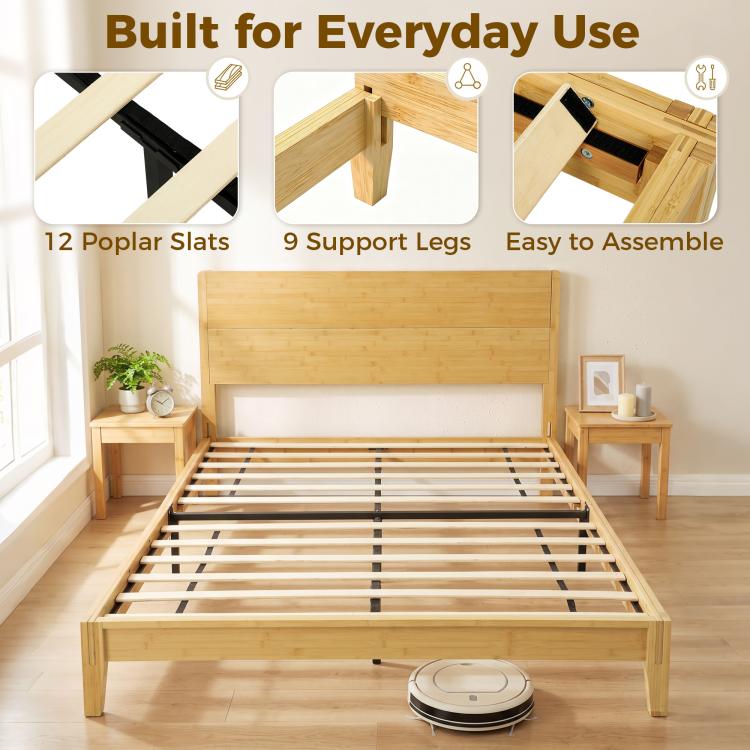 Queen bamboo bed frame interior view with slats and support legs, natural wood