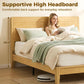 Queen bamboo platform bed with tall headboard and slat base, natural wood finish