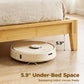 Queen bamboo bed frame with under-bed space for a robot vacuum, natural wood