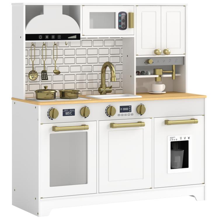 Kids play kitchen set with gold faucet, stove knobs, oven door, and side storage