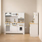 White kids play kitchen with gold accents, oven window, and sink; size labels shown