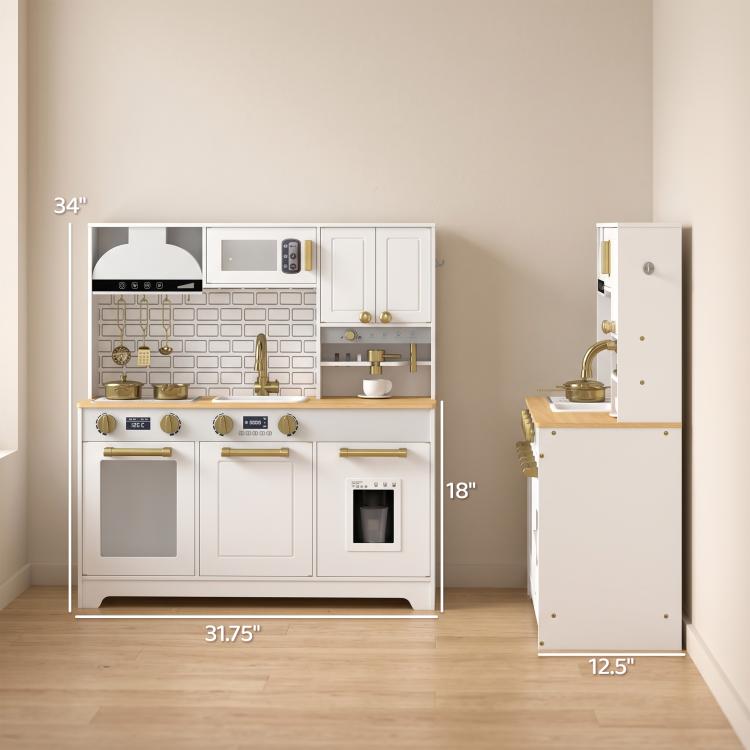 White kids play kitchen with gold accents, oven window, and sink; size labels shown