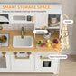 Kids play kitchen with countertop open and cabinets showing; dishes and food props inside