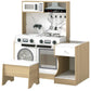 Convertible kids play kitchen set with white stove, sink, and open lower storage