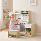 Convertible kids kitchen table with sink and stove, plus oven door and storage cubby