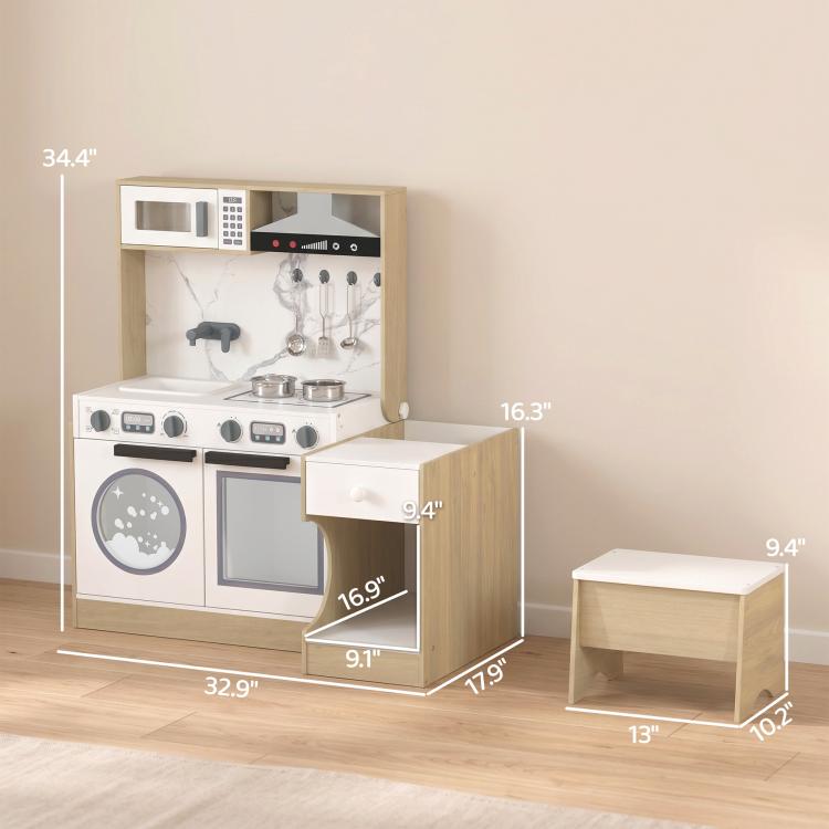 Kids play kitchen set with side cabinet, pull-out drawer, and stool for play