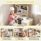 Kids play kitchen set with stovetop, sink, hanging cookware, and open counter drawer