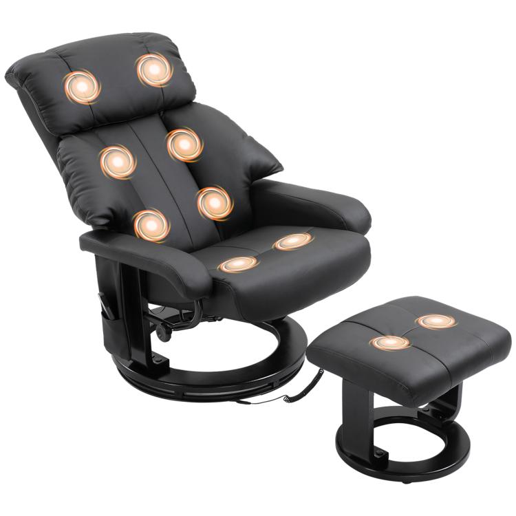 Black swivel massage recliner with ottoman footstool and multiple glowing massage nodes