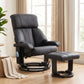 Black padded massage recliner with matching ottoman footstool in a living room