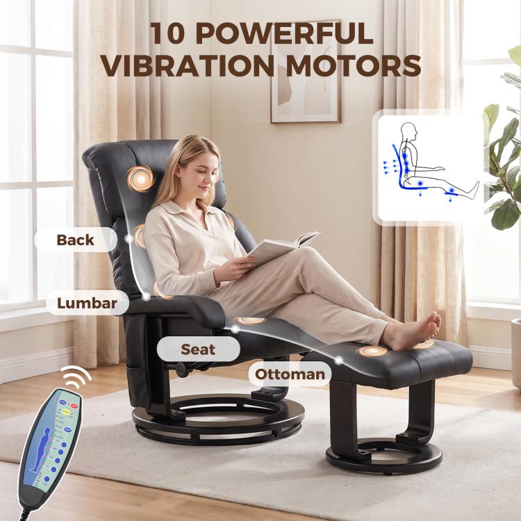 Black massage recliner with ottoman, showing glowing node panels on the back and seat
