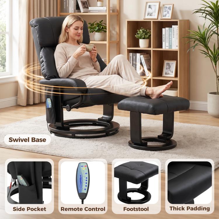 Black swivel massage recliner with ottoman and remote control, side pocket, and thick padding