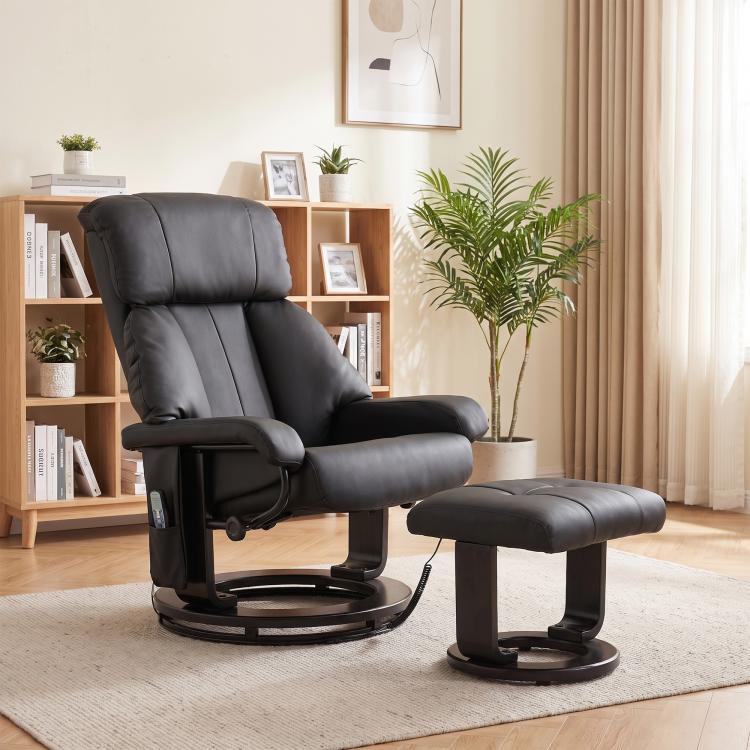 Black massage recliner chair with ottoman footstool angled away for a side view