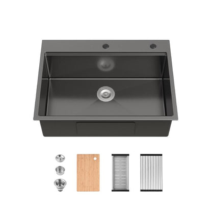 Black single-bowl kitchen sink with round drain opening and overmount ledge