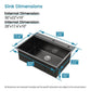 Black single-bowl sink dimensions diagram with measurements 30 x 22 x 10 inches